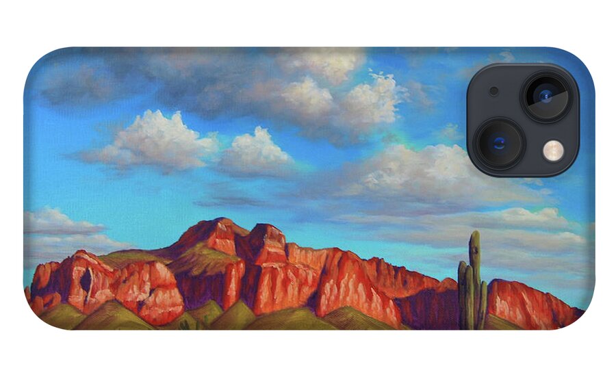 Landscape iPhone 13 Case featuring the painting Clouds Over Superstitions by Cheryl Fecht