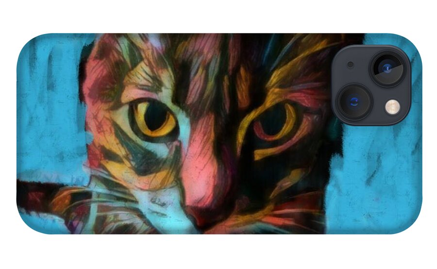 Kitty iPhone 13 Case featuring the painting Colorful kitty cat starting into your soul in the dark of night just after tossing something of the table by MendyZ 