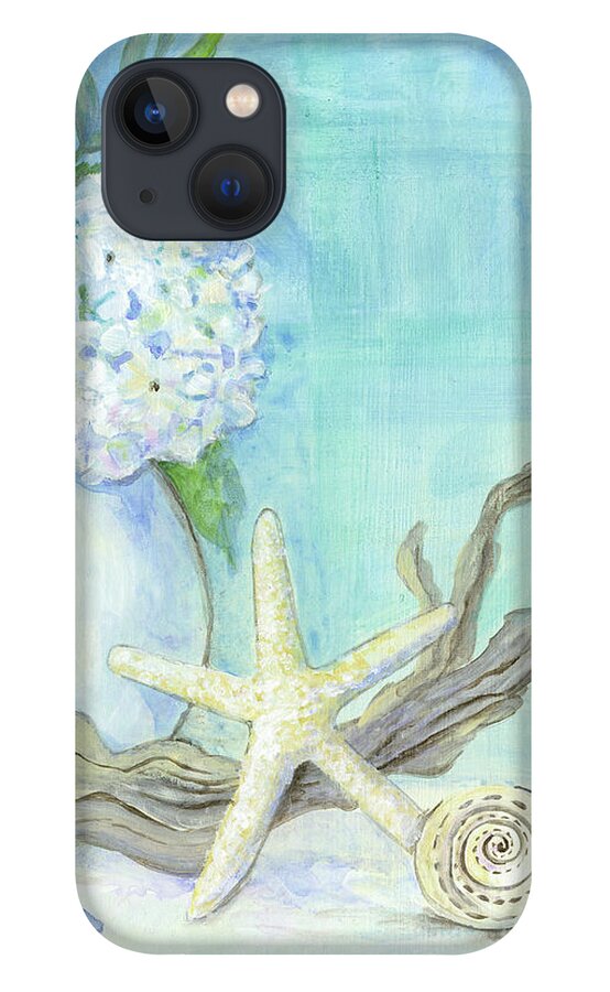 White Hydrangeas iPhone 13 Case featuring the painting Cottage at the Shore 1 White Hydrangea Bouquet w Driftwood Starfish Sea Glass and Seashell by Audrey Jeanne Roberts