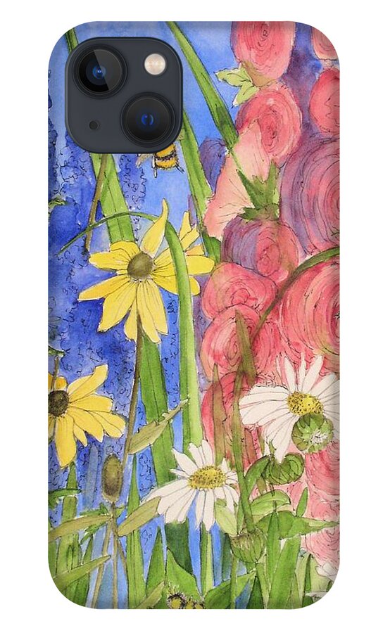 Watercolor iPhone 13 Case featuring the painting Cottage Garden Daisies and Blue Skies by Laurie Rohner