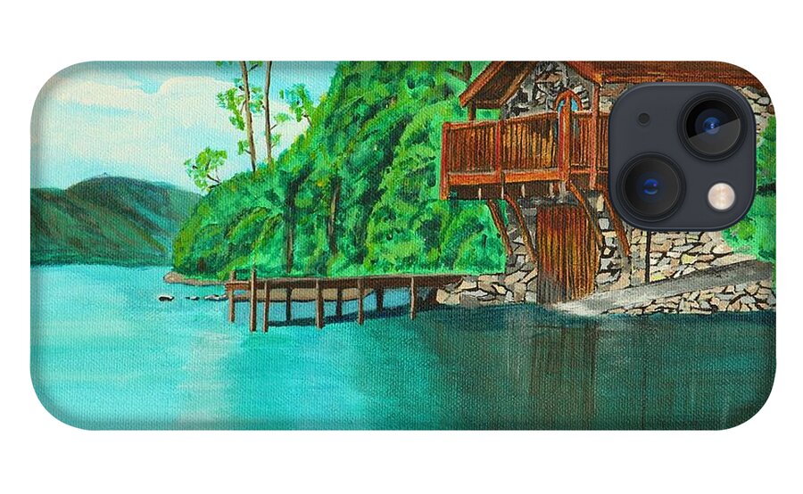 Water iPhone 13 Case featuring the painting Cottage on lake by David Bigelow