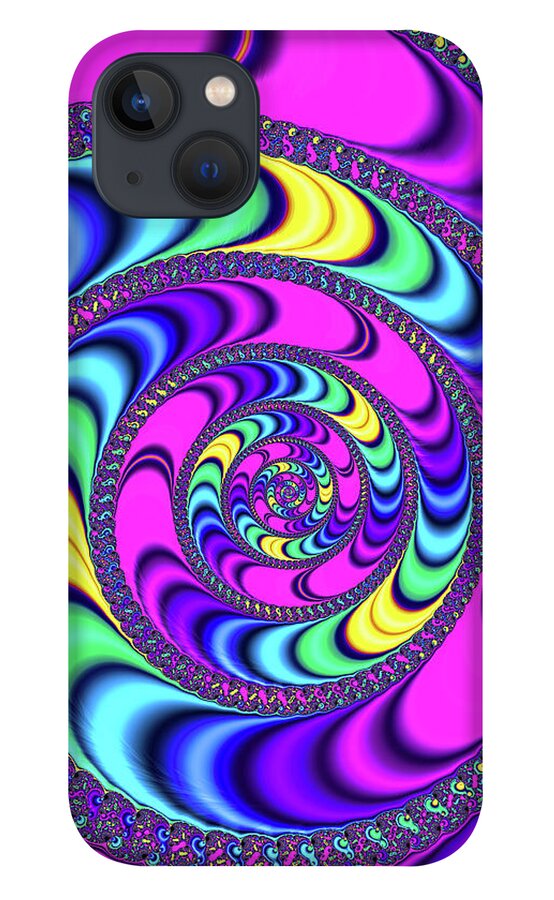 Spiral iPhone 13 Case featuring the digital art Crazy fractal spiral magenta blue yellow by Matthias Hauser
