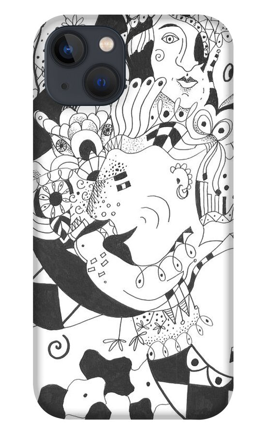 Playful iPhone 13 Case featuring the drawing Creatures and Features by Helena Tiainen