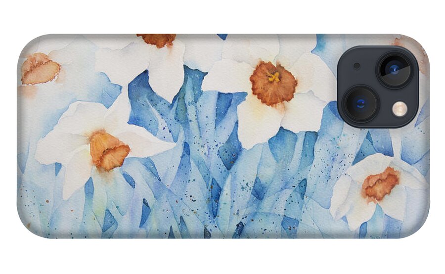 Giclee iPhone 13 Case featuring the painting Daffodils in Blue by Lisa Vincent