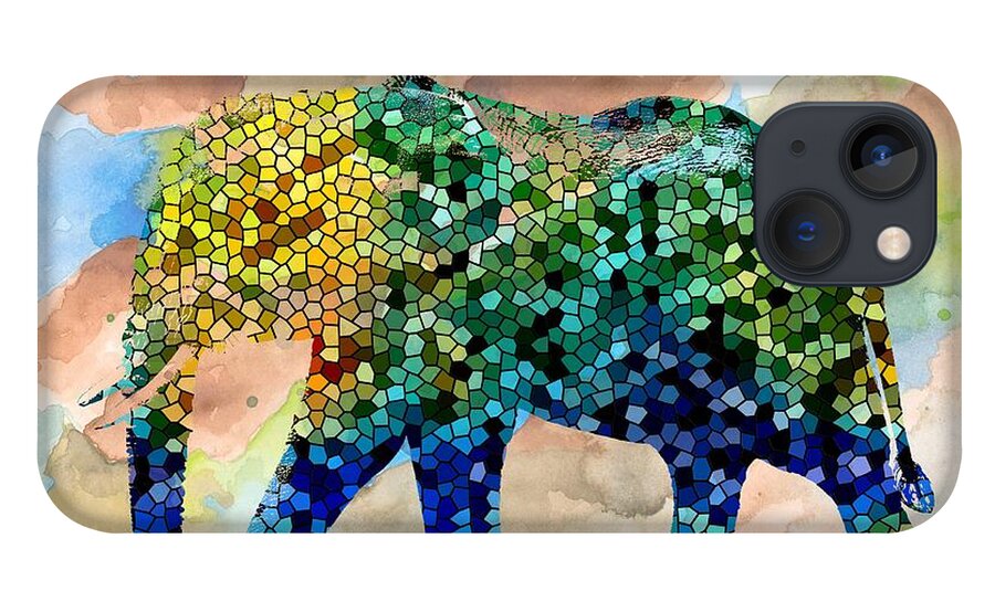 Mosaic iPhone 13 Case featuring the painting Design 37 Mosaic Elephant by Lucie Dumas