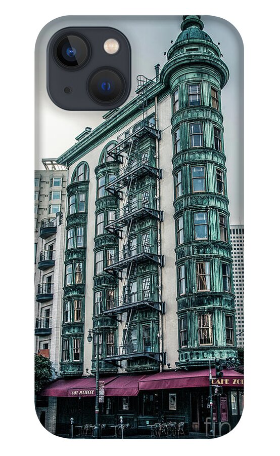 Buildings iPhone 13 Case featuring the photograph Dez 2016. San Francisco, USA - Old copper-green Columbus tower o by Amanda Mohler