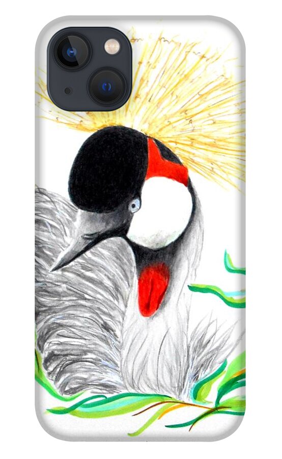 Fowl iPhone 13 Case featuring the drawing Does This Hat Make My Beak Look Too Big? -- Drawing of Crowned Crane by Jayne Somogy