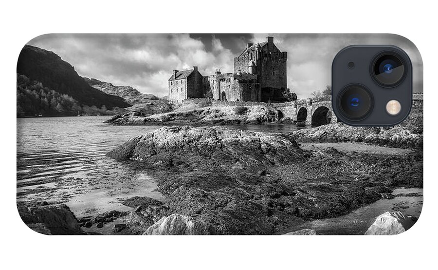 Eilean Donan iPhone 13 Case featuring the photograph Eilean Donan Castle in black and white by Holly Ross