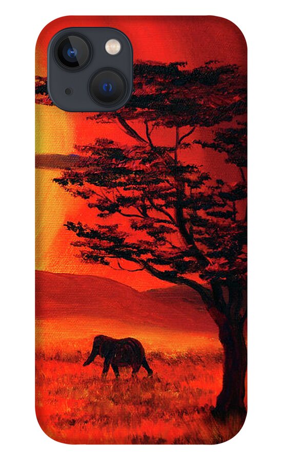 Africa iPhone 13 Case featuring the painting Elephant in a Bright Sunset by Laura Iverson