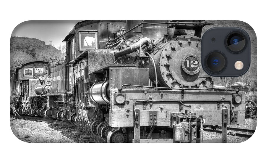 Train iPhone 13 Case featuring the photograph Engine 12 Black And White by Lorraine Baum