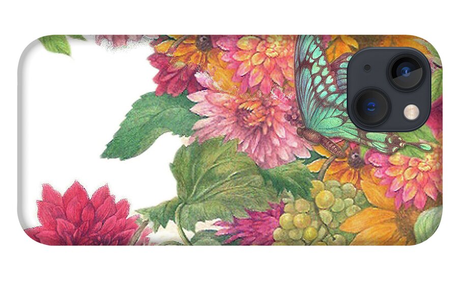 Sunflower iPhone 13 Case featuring the painting Fall Florals with illustrated butterfly by Judith Cheng