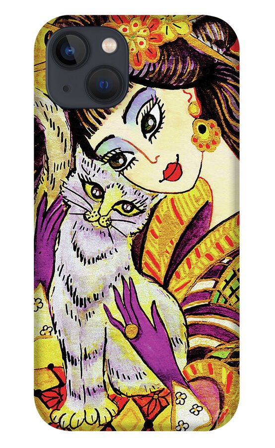 Woman And Cat iPhone 13 Case featuring the painting Feline Rhapsody by Eva Campbell