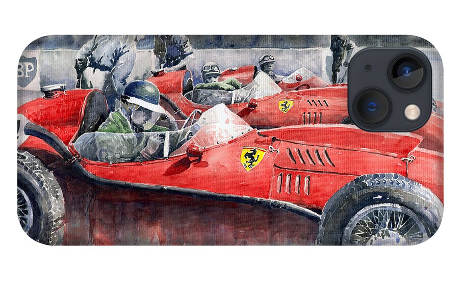 Car iPhone 13 Case featuring the painting Ferrari Dino 246 F1 1958 Mike Hawthorn French GP by Yuriy Shevchuk