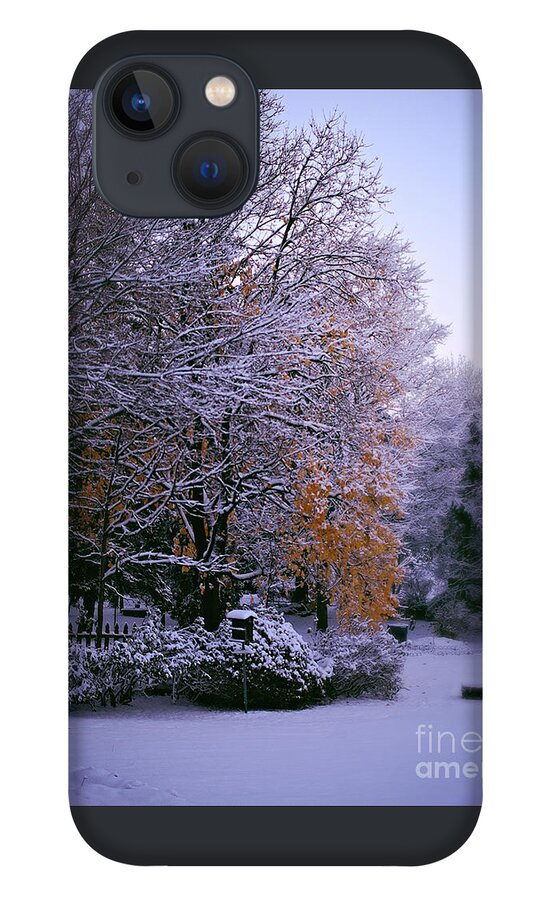Gold Leaves iPhone 13 Case featuring the photograph First Snow After Autumn by Frank J Casella