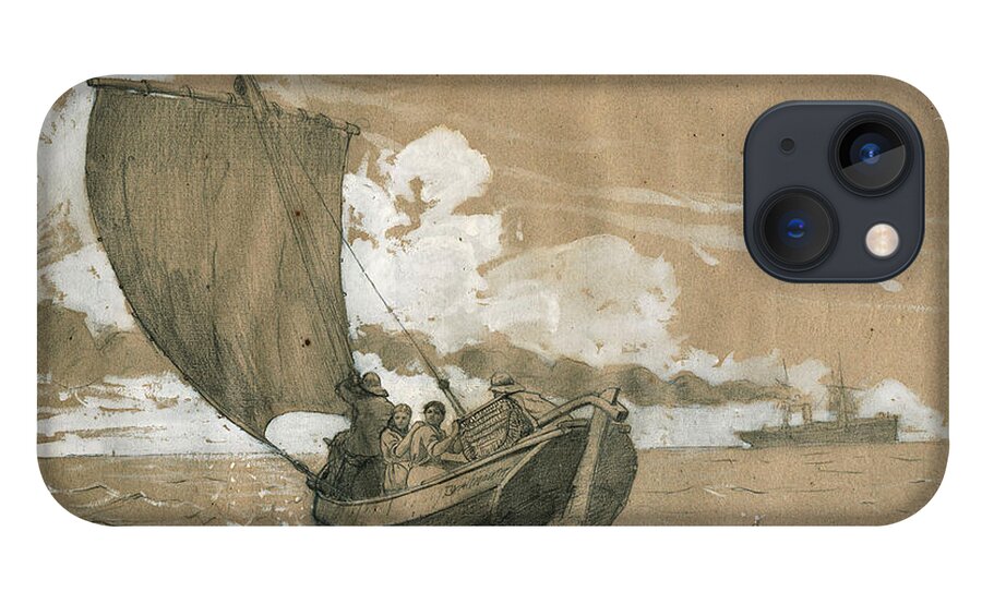 Winslow Homer iPhone 13 Case featuring the glass art Fishing off Scarborough by Winslow Homer