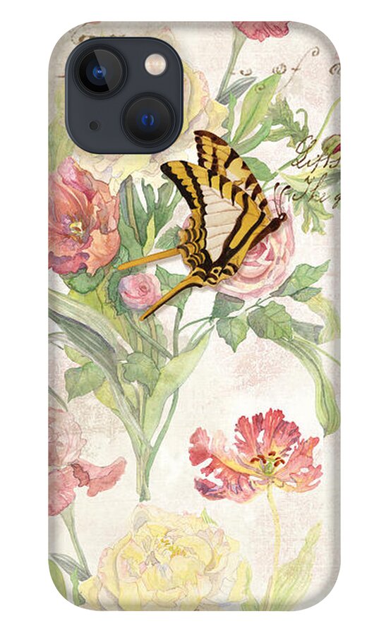 Butterfly iPhone 13 Case featuring the painting Fleurs de Pivoine - Watercolor w Butterflies in a French Vintage Wallpaper Style by Audrey Jeanne Roberts