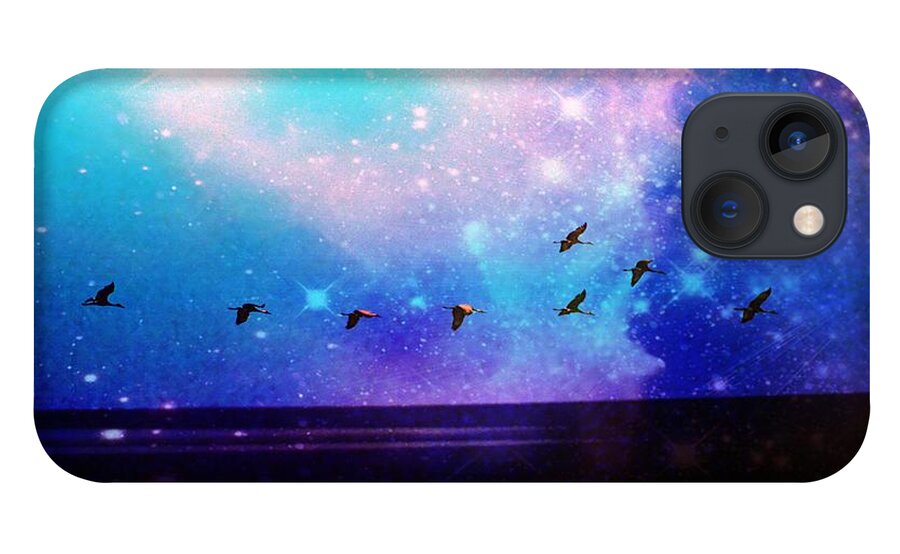Abstract iPhone 13 Case featuring the mixed media Flying the Galaxy by Stacie Siemsen