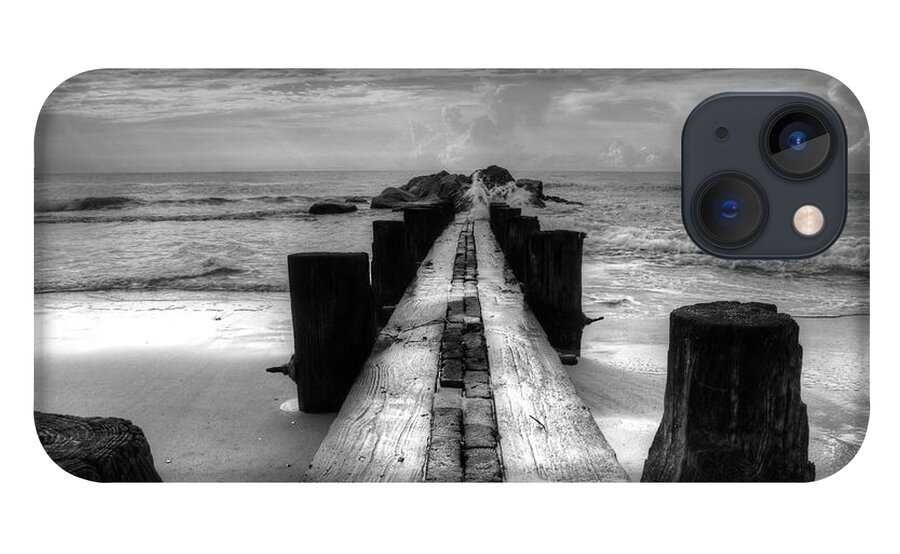 Folly Beach Pilings iPhone 13 Case featuring the photograph Folly Beach Pilings Charleston South Carolina In Black and White by Carol Montoya