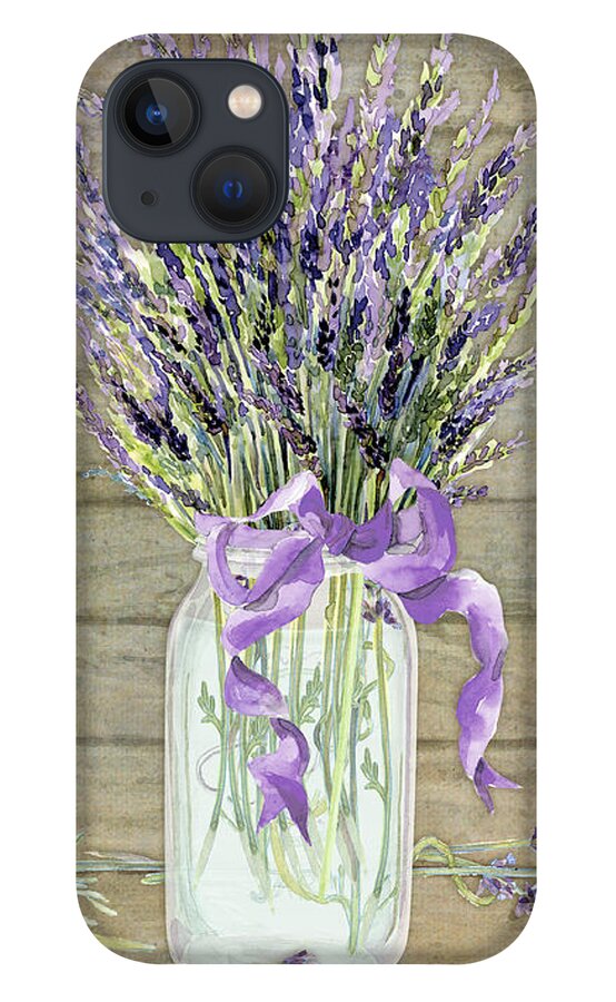 Watercolor iPhone 13 Case featuring the painting French Lavender Rustic Country Mason Jar Bouquet on Wooden Fence by Audrey Jeanne Roberts