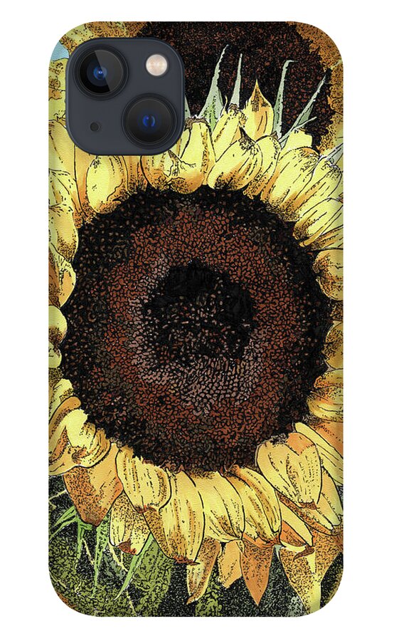 Sunflowers iPhone 13 Case featuring the drawing Garden Gold by Louise Howarth