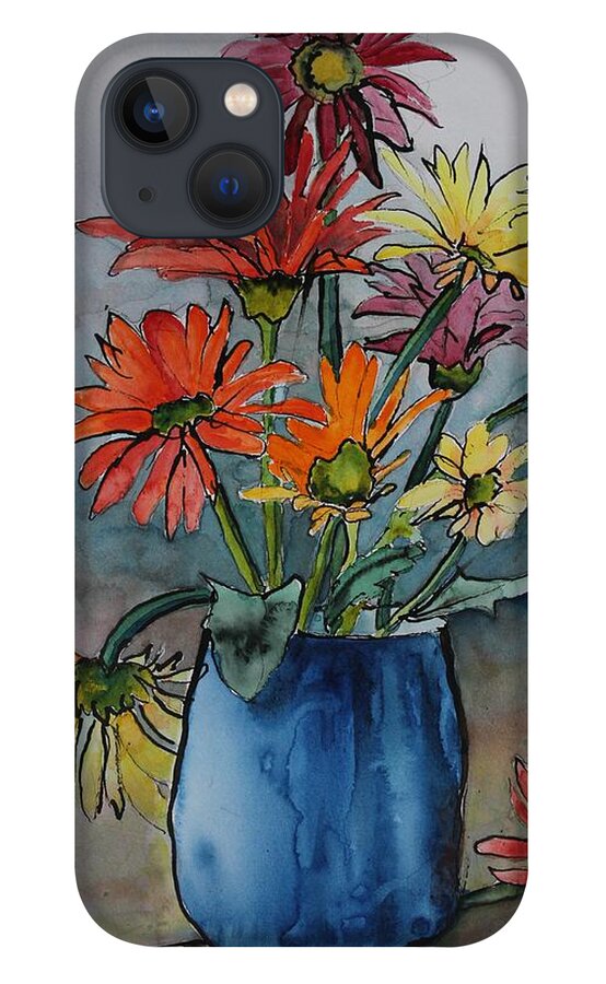 Flowers iPhone 13 Case featuring the painting Gerberas in a Blue Pot by Ruth Kamenev