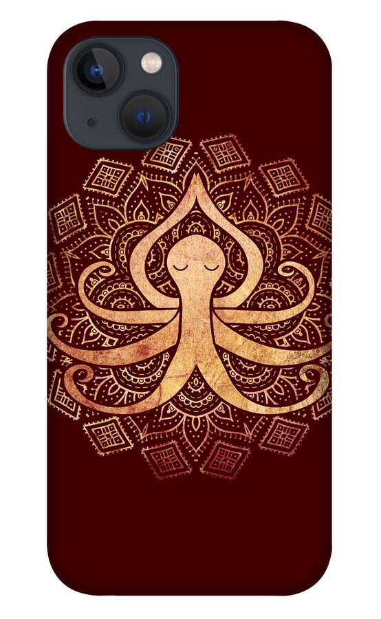 Octopus iPhone 13 Case featuring the digital art Golden Zen Octopus Meditating by Laura Ostrowski