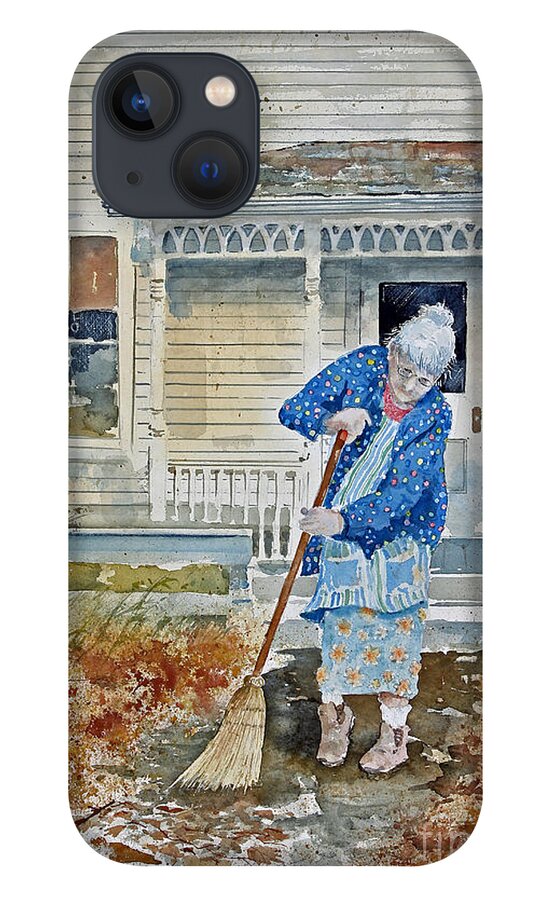 A Grandmother Sweeps The Autumn Leaves Off Her Walk In Front Of Her Home. iPhone 13 Case featuring the painting Grandma by Monte Toon