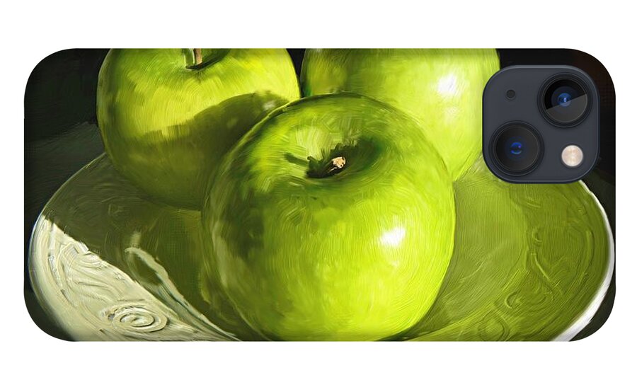 Apple iPhone 13 Case featuring the digital art Green apples in a white bowl by Debra Baldwin