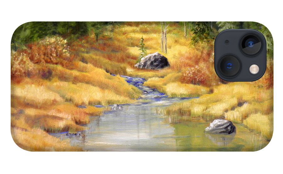 River Forest Trees Rocks Water Sky Bushes Grasses Reeds Reflections Landscape Sunlight Shadow Light Dark Green Yellow Orange Scarlet Brown Blue Ochre White iPhone 13 Case featuring the painting Green River by Ida Eriksen