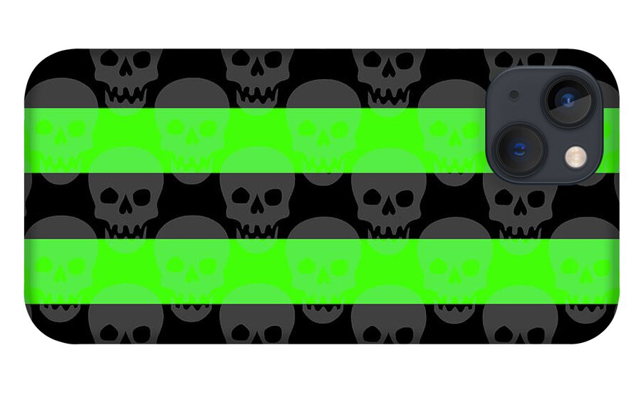 Green iPhone 13 Case featuring the digital art Green Skull Stripes by Roseanne Jones
