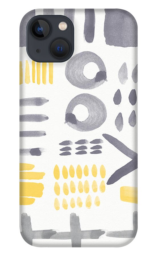 Grey And Yellow iPhone 13 Case featuring the painting Grey and Yellow Shapes- abstract painting by Linda Woods