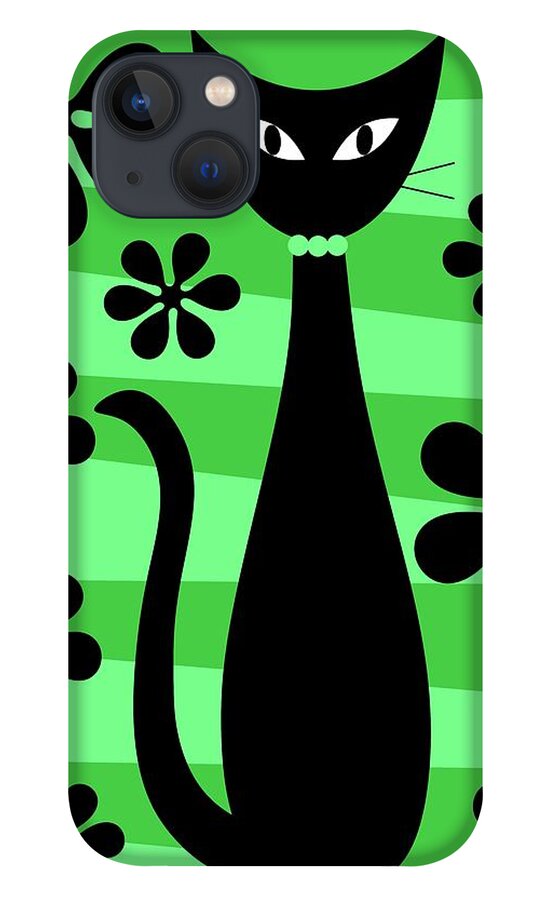 Donna Mibus iPhone 13 Case featuring the digital art Groovy Flowers with Cat Green and Light Green by Donna Mibus
