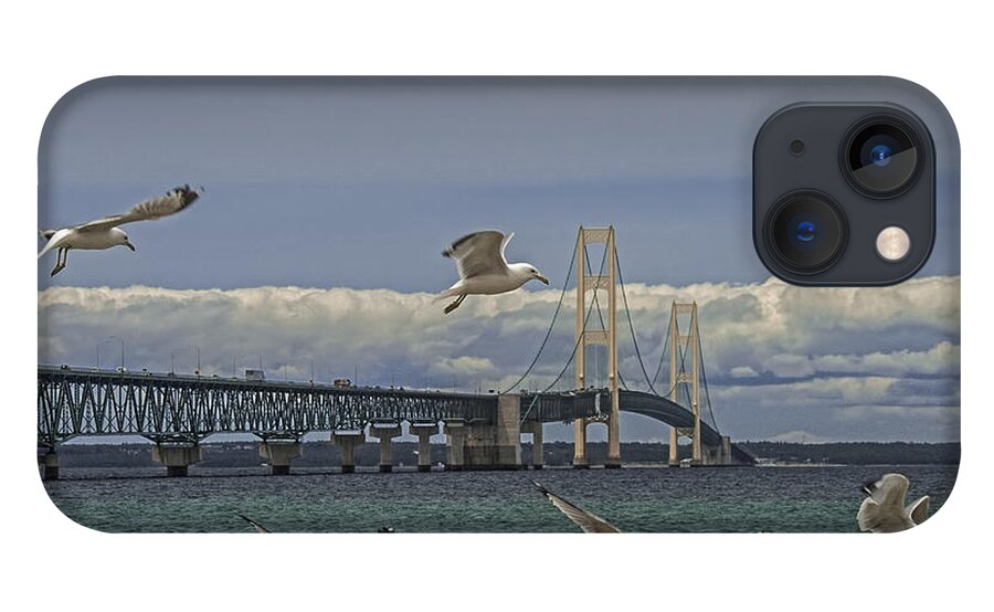 Bird iPhone 13 Case featuring the photograph Gulls Flying by the Bridge at the Straits of Mackinac by Randall Nyhof