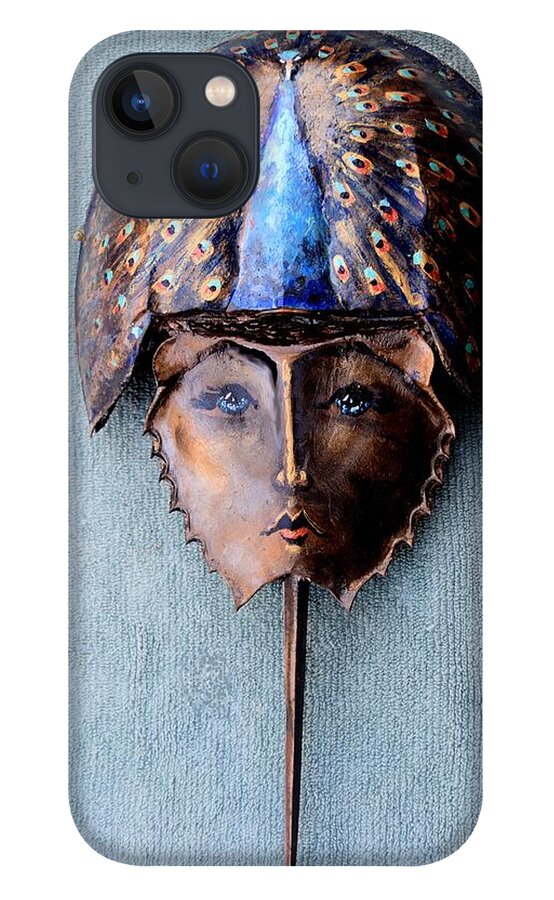 Roger Swezey iPhone 13 Case featuring the sculpture Horseshoe Crab Mask Peacock Helmet by Roger Swezey