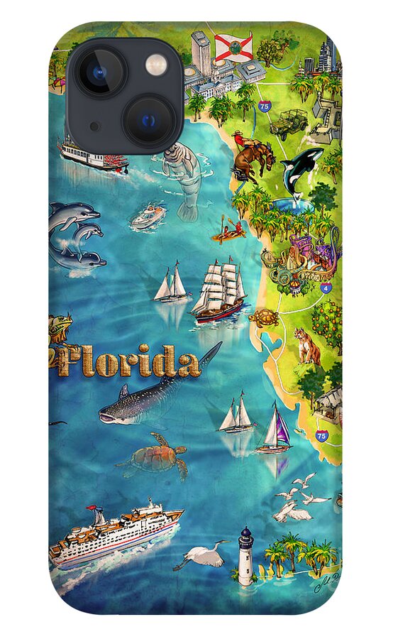 Castillo De San Marcos National Monument iPhone 13 Case featuring the painting Illustrated Map of Florida by Maria Rabinky