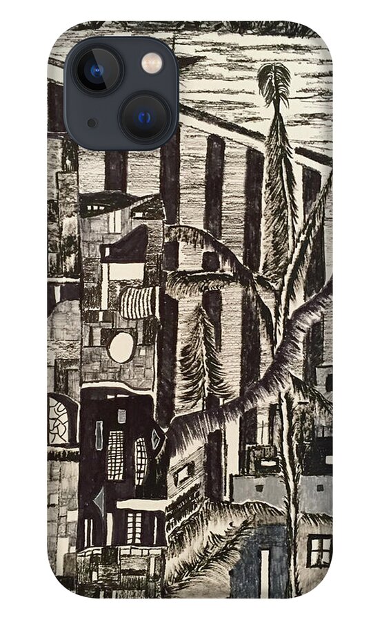 Black & White iPhone 13 Case featuring the drawing Imaginary Resort by Dennis Ellman
