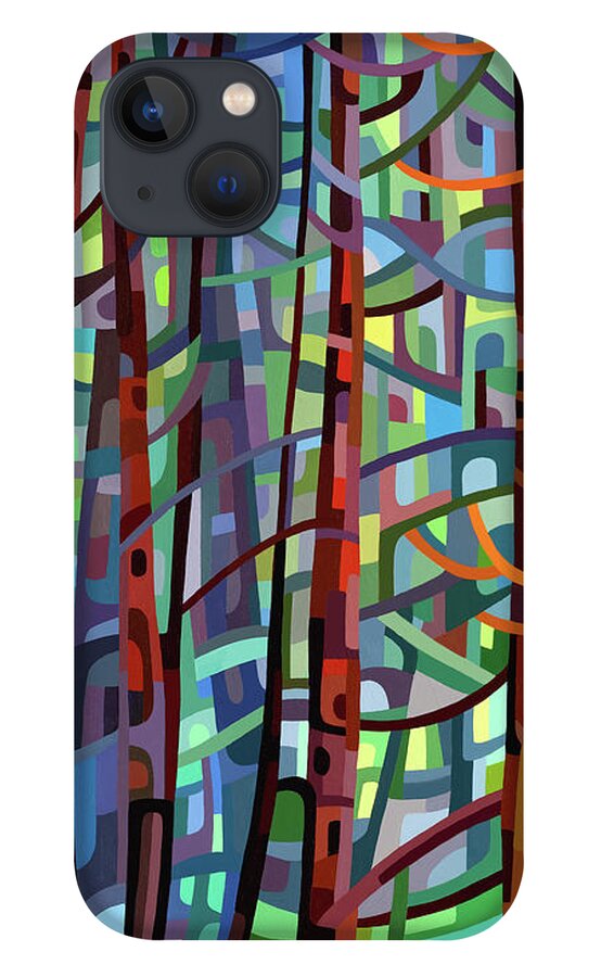  iPhone 13 Case featuring the painting In a Pine Forest - crop by Mandy Budan