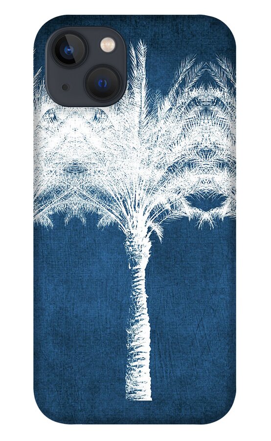 Palm Tree iPhone 13 Case featuring the mixed media Indigo And White Palm Trees- Art by Linda Woods by Linda Woods