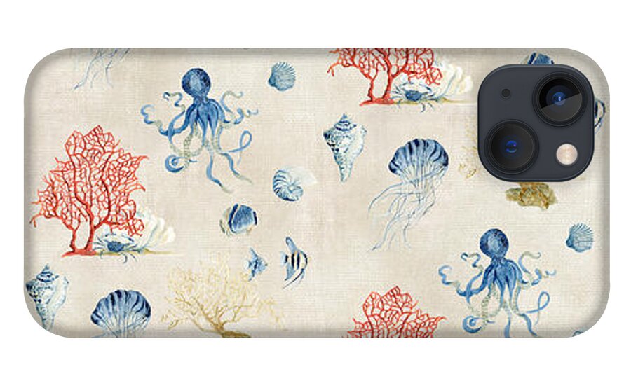 Octopus iPhone 13 Case featuring the painting Indigo Ocean - Red Coral Octopus Half Drop Pattern Small by Audrey Jeanne Roberts