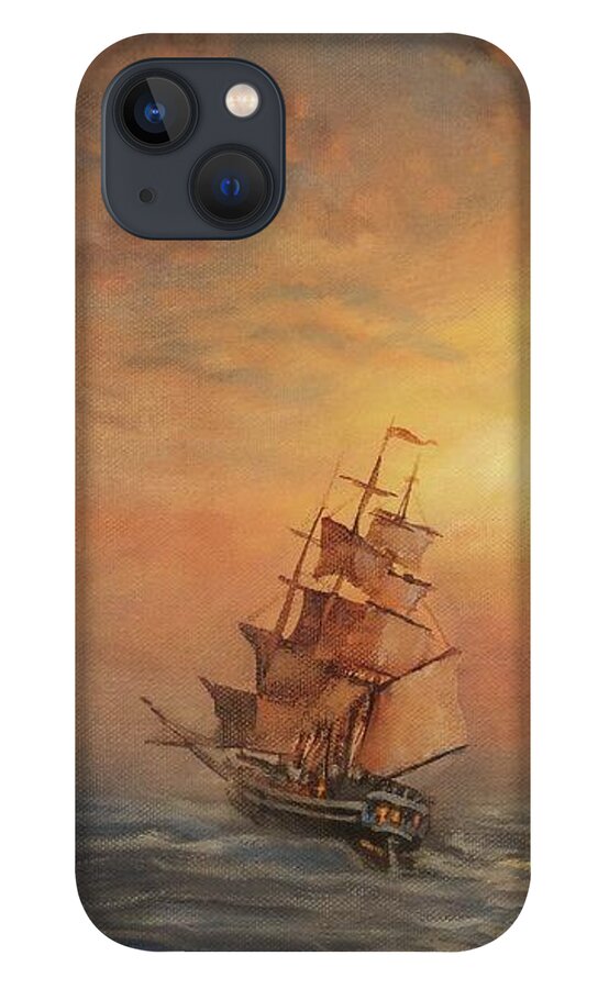 Sailing Ship iPhone 13 Case featuring the painting Into the Sunset by Tom Shropshire