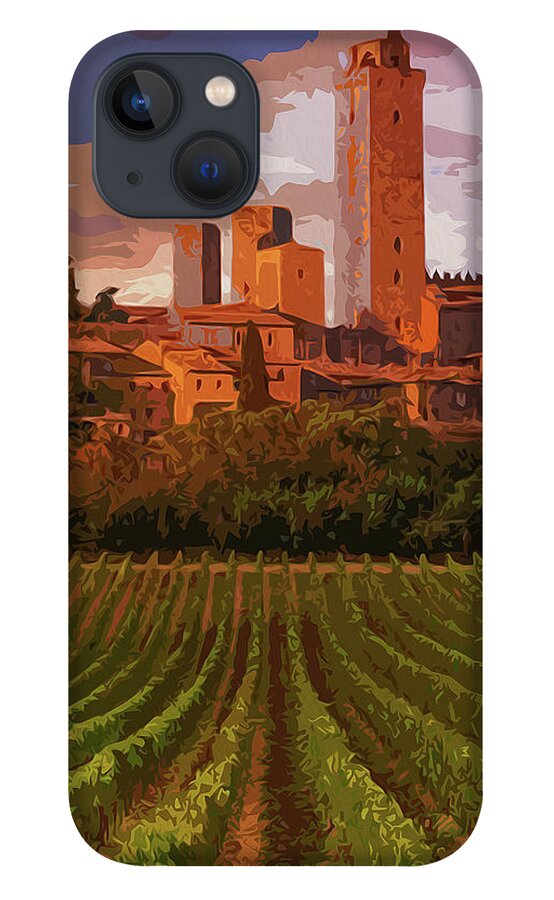 Italy iPhone 13 Case featuring the painting Italy, sunset on San Gimignano by AM FineArtPrints