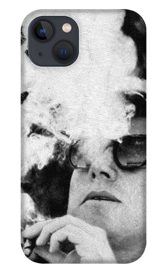 President iPhone 13 Case featuring the painting John F Kennedy Cigar and Sunglasses Black And White by Tony Rubino