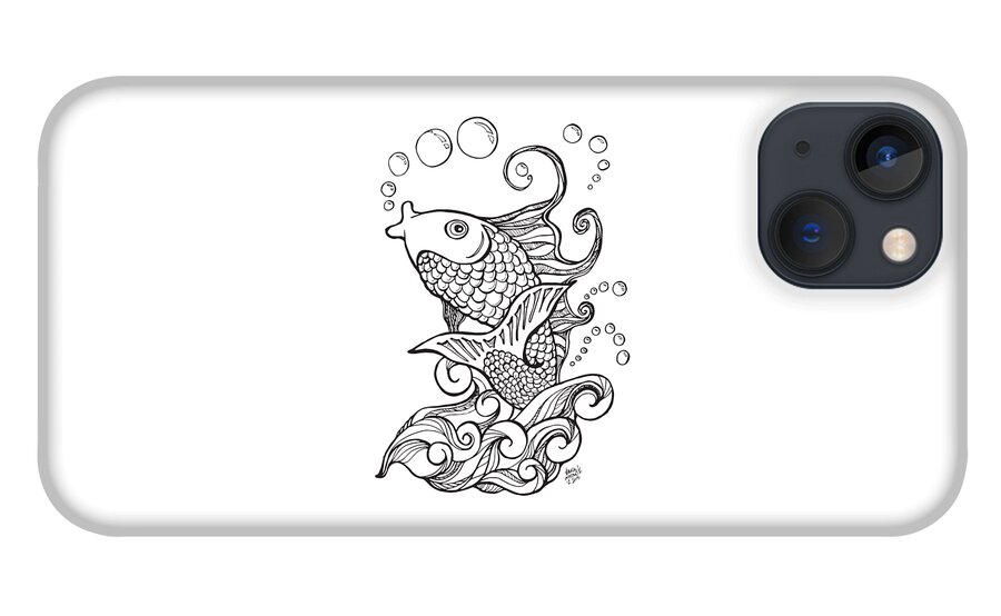 Koi iPhone 13 Case featuring the drawing Koi Fish and Water Waves by Laura Ostrowski