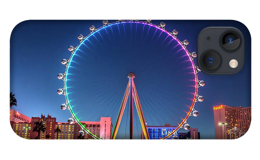 High Roller Las Vegas iPhone 13 Case featuring the photograph Las Vegas High Roller at Dusk Rainbow Colors Wide 2 by Aloha Art