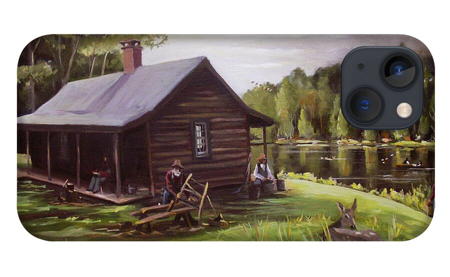 Log Cabin iPhone 13 Case featuring the painting Log Cabin by the Lake by Nancy Griswold