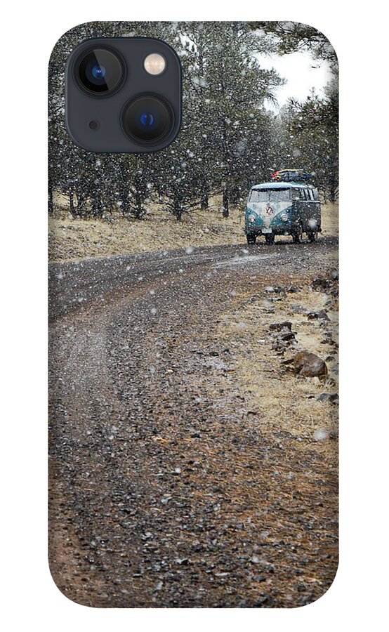 Bus iPhone 13 Case featuring the photograph Lone Bus On a Snowy Wooded Road by Richard Kimbrough