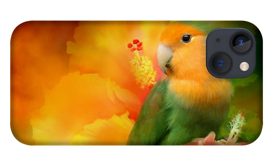 Lovebird iPhone 13 Case featuring the mixed media Love Among The Hibiscus by Carol Cavalaris