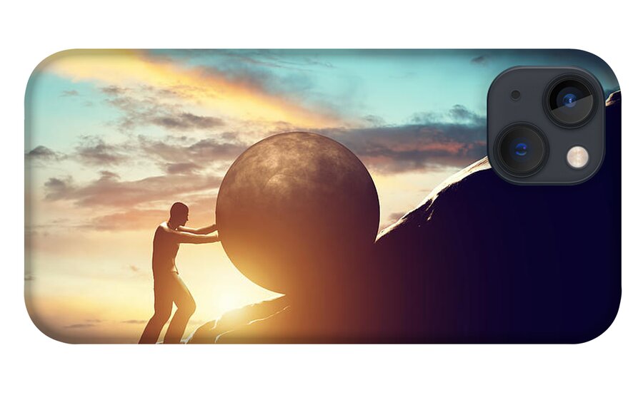Sisyphus iPhone 13 Case featuring the photograph Man rolling huge concrete ball up hill by Michal Bednarek