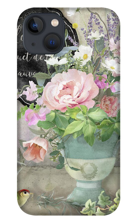 Marche Aux Fleurs iPhone 13 Case featuring the painting Marche aux Fleurs 3 Peony Tulips Sweet Peas Lavender and Bird by Audrey Jeanne Roberts