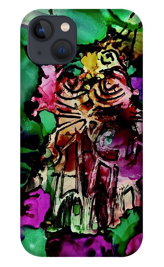 Alcohol Ink iPhone 13 Case featuring the painting Meow by Tommy McDonell